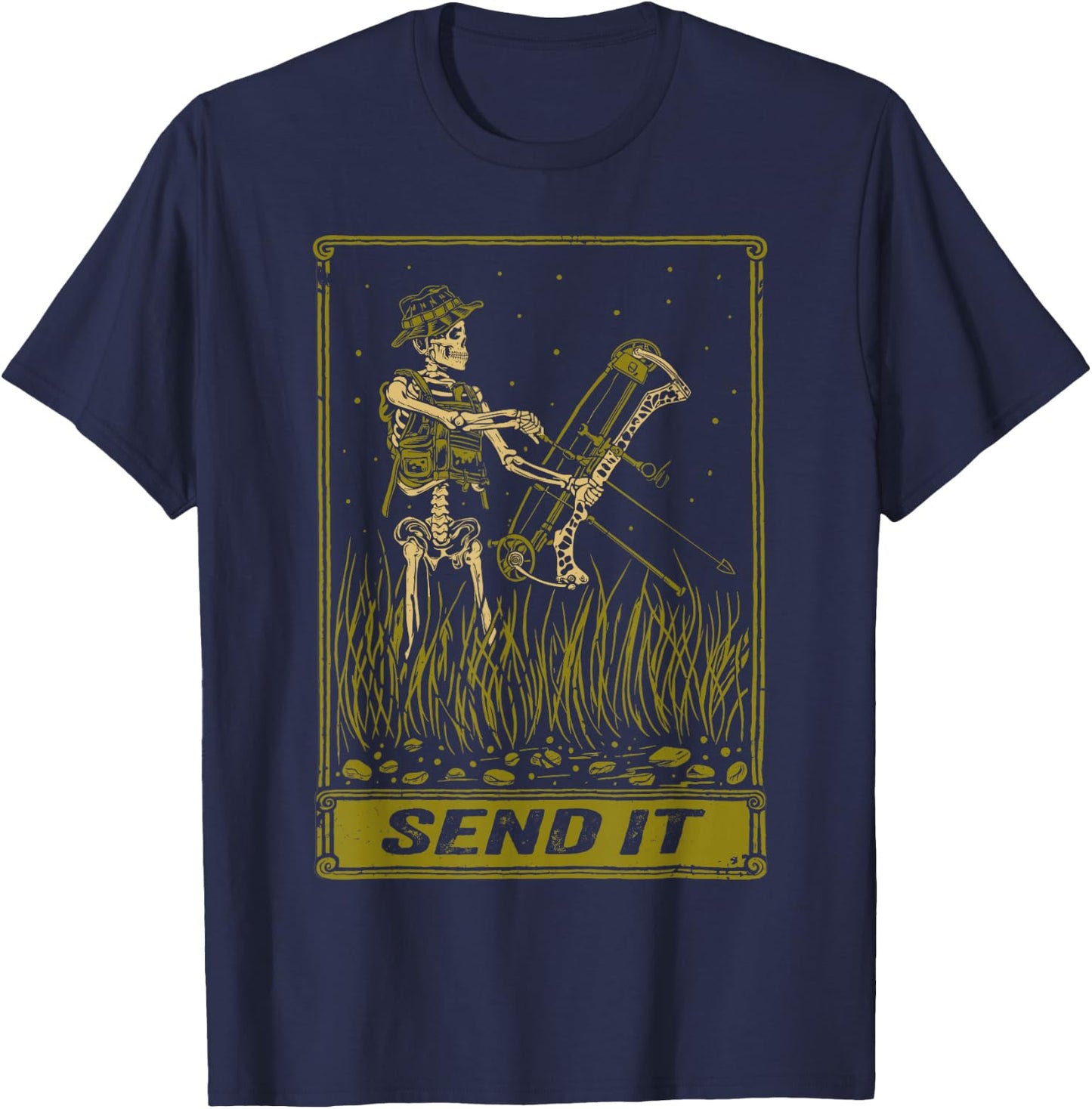 Send It Vintage Bowfishing Skeleton Outdoor Adventure Art T-Shirt - T-Shirt | Navy