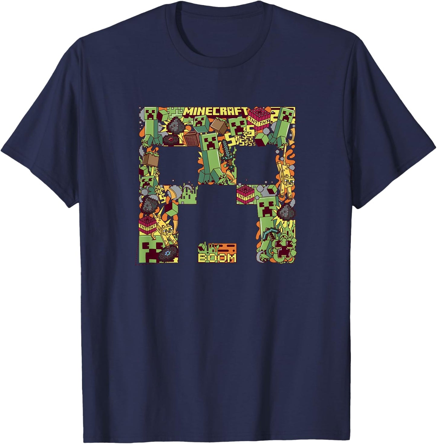 Minecraft Creeper Big Face Collage , Black T-Shirt - T-Shirt | Navy