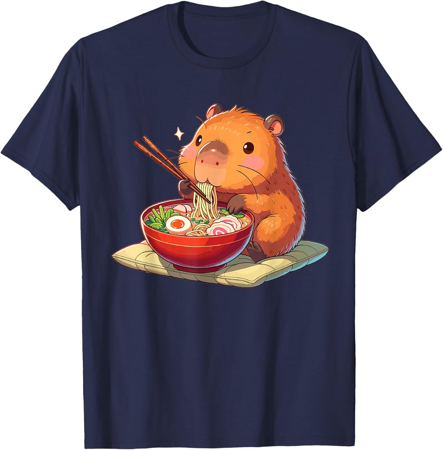 Cute Capybara Eats Ramen Noodles Capybaras Ramen , black T-Shirt - T-Shirt | Navy