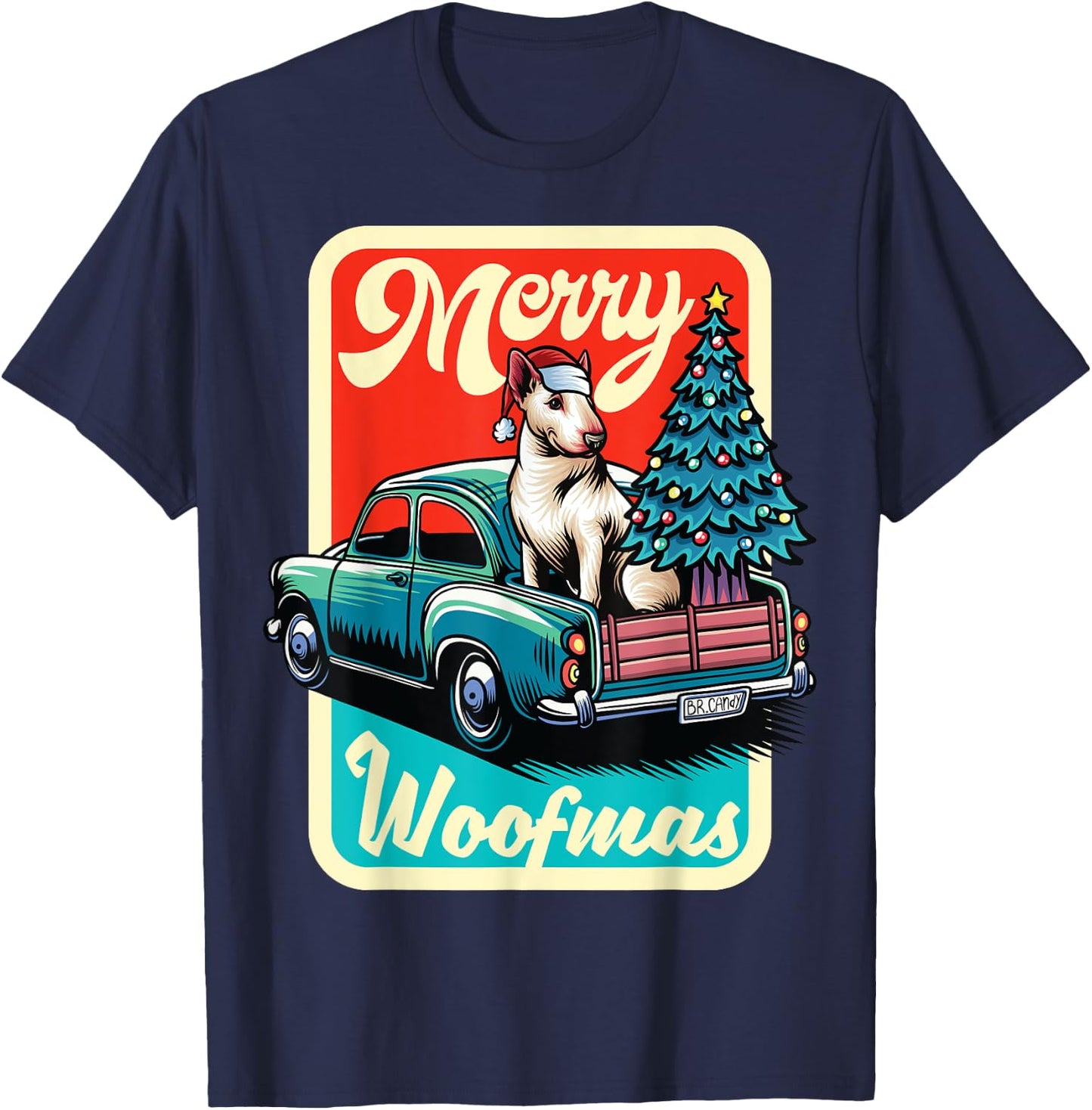 Bull Terrier Merry Christmas Tree Truck Dog X-Mas T-Shirt - T-Shirt | Navy