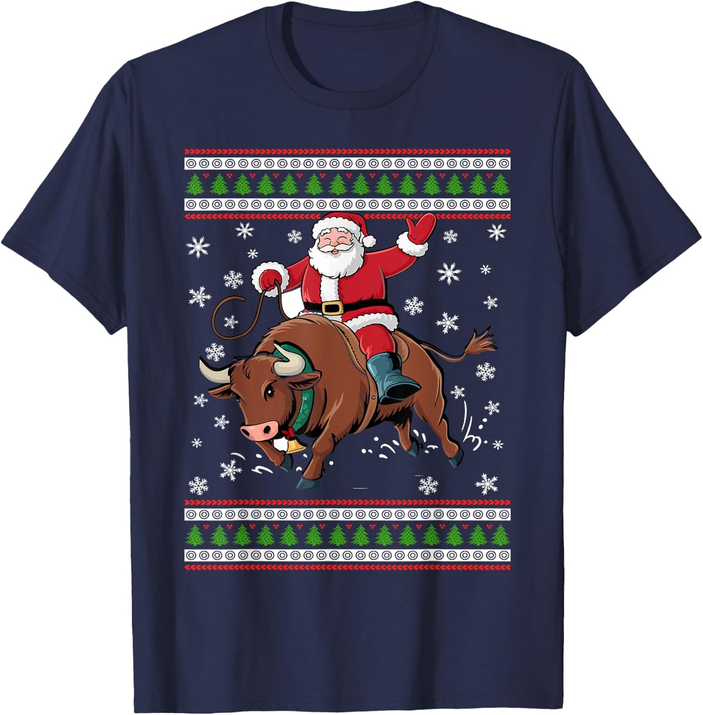 Christmas Santa Riding A Bull Funny Xmas Animal Lover T-Shirt - T-Shirt | Navy