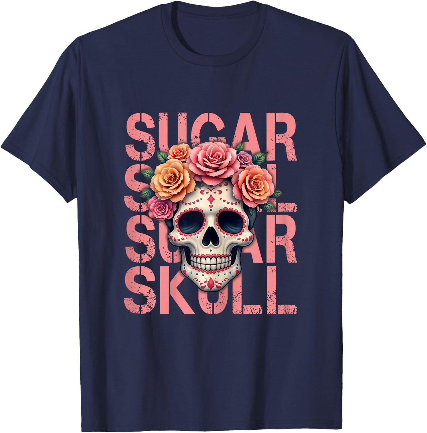 Mexican Skull Sugar Skull Dia de los Muertos , Black, Female X-Small T-Shirt - T-Shirt | Navy