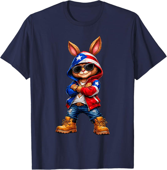 Cool Bunny Puerto Rican Flag Funny RABIT Vibes Boricua T-Shirt - T-Shirt | Navy