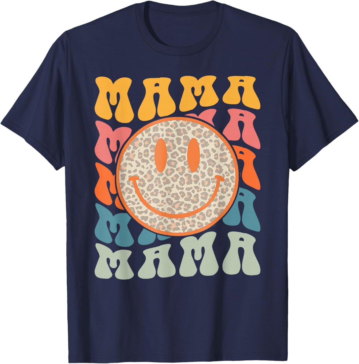 Retro Leopard Mama Groovy Face Trendy New Mama T-Shirt - T-Shirt | Navy