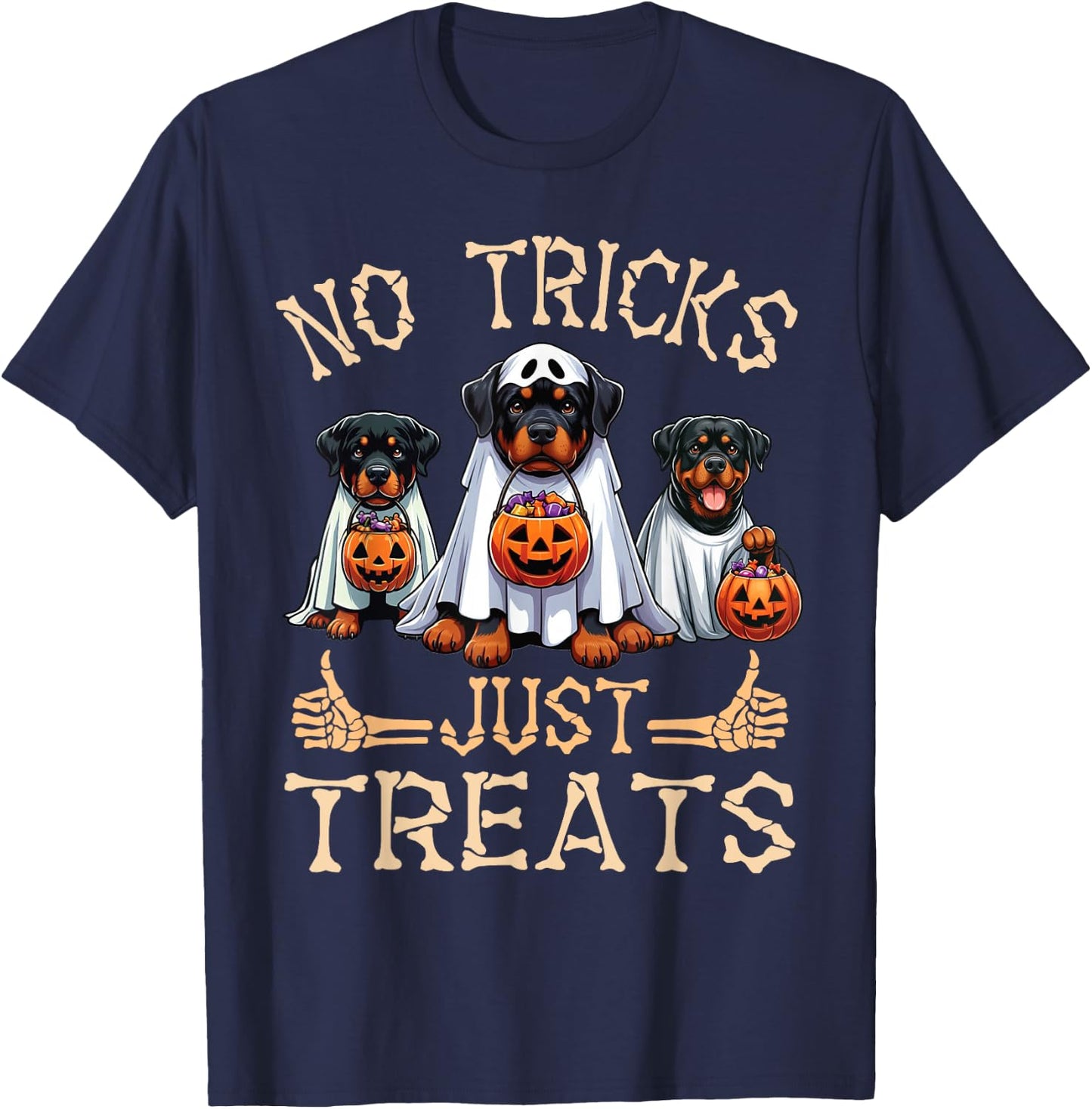 Rottweiler Dog Ghosts Pumpkin Candy No Tricks Just Treats T-Shirt - T-Shirt | Navy