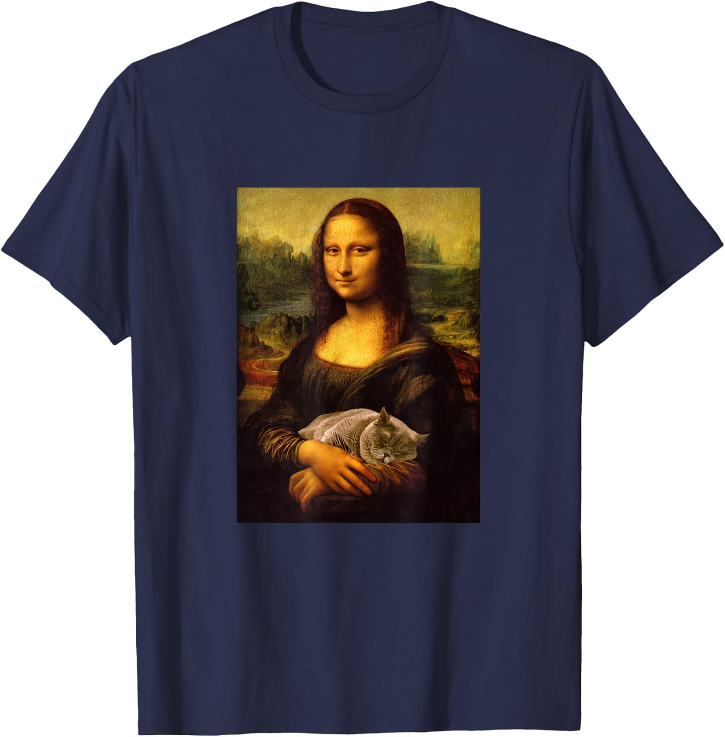 Cool Sarcastic Mona Lisa Carrying Her Cat Graphic Designs T-Shirt - T-Shirt | Navy