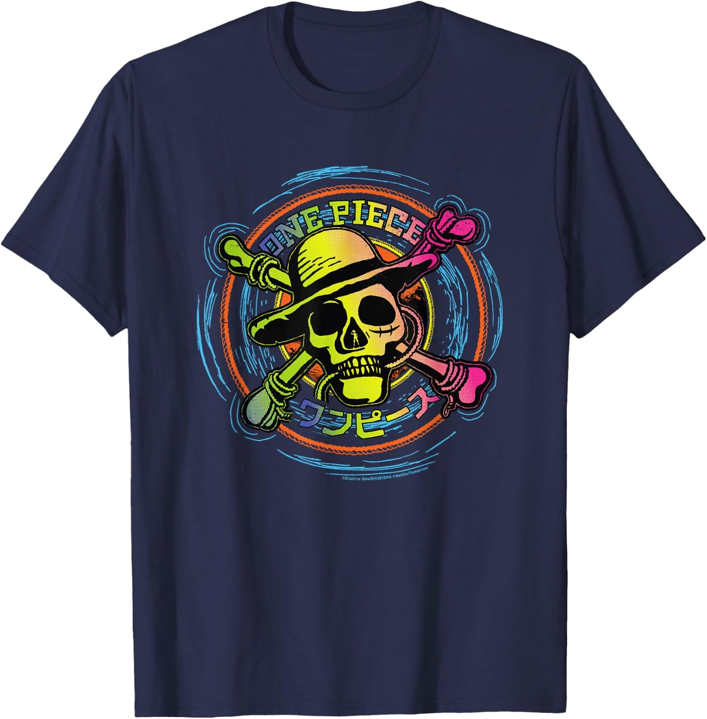 Straw Hat One Piece Anime Pirates Color Logo Kanji , Black, S T-Shirt - T-Shirt | Navy