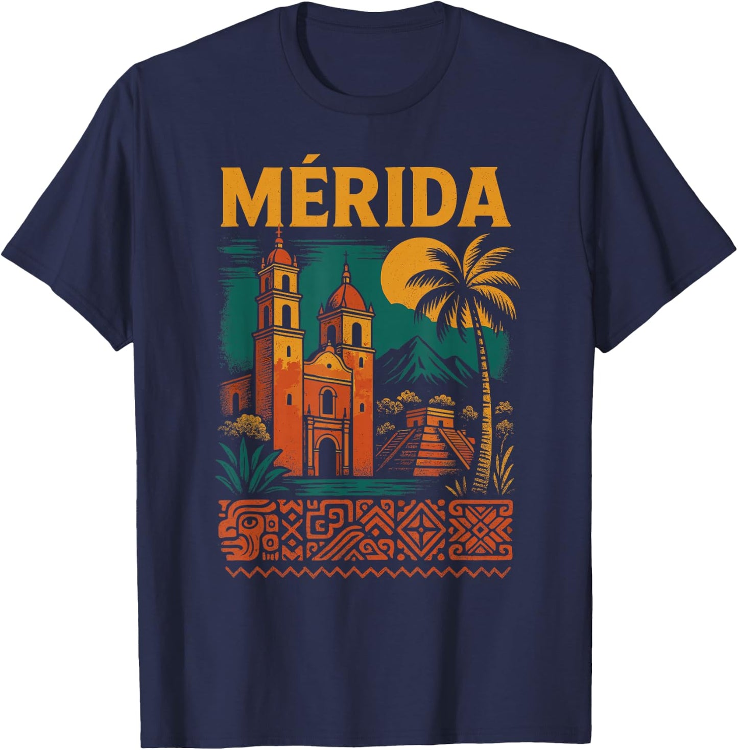 Merida Mexico Retro Yucatan Travel Art Cathedral Mexican T-Shirt - T-Shirt | Navy