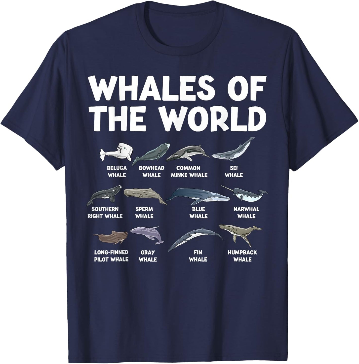 Whales Of The World Kawaii Types Of Whales Sea Animal Whale T-Shirt - T-Shirt | Navy