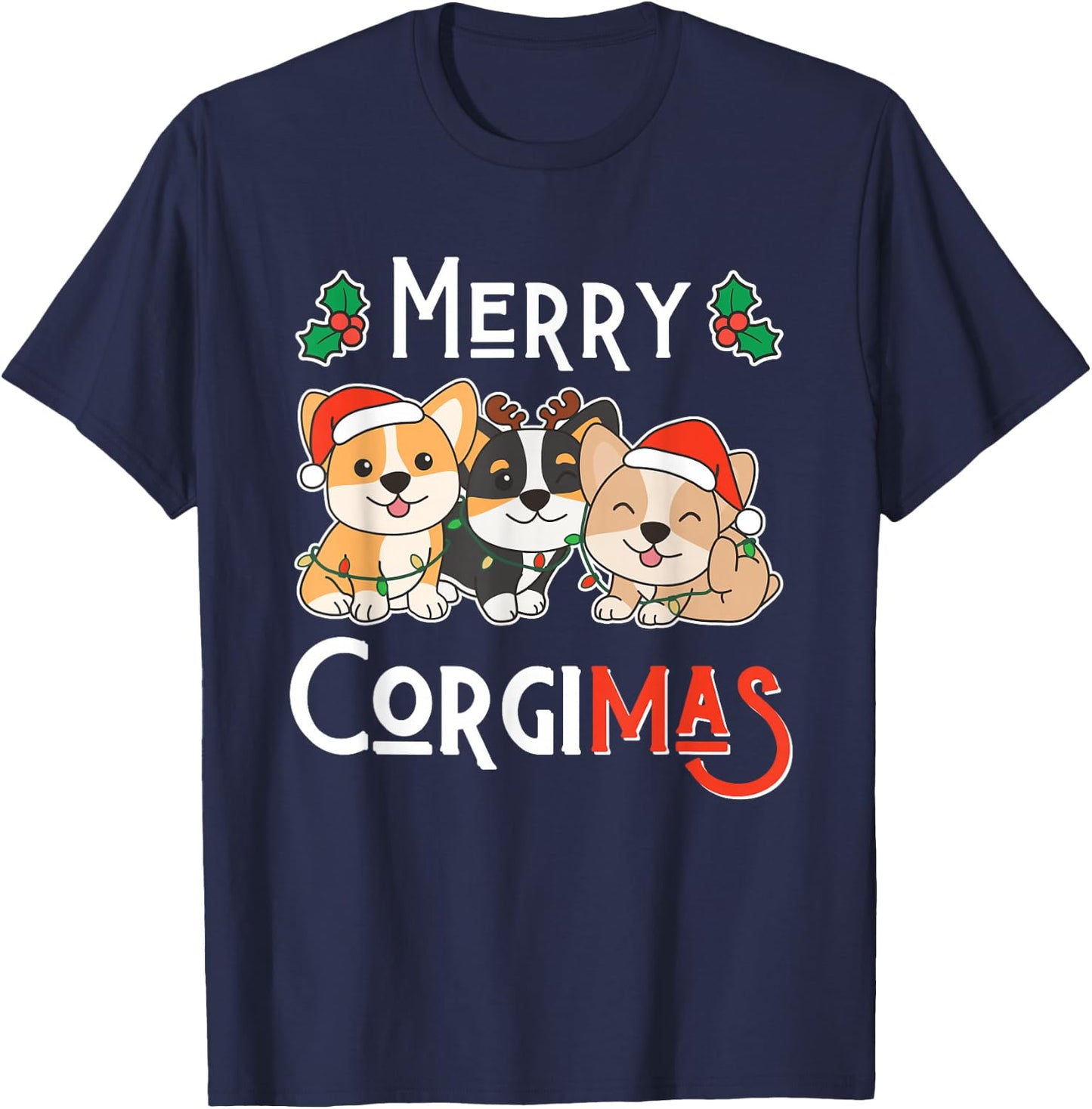 Merry Corgimas Pun Corgi Christmas T-Shirt - T-Shirt | Navy