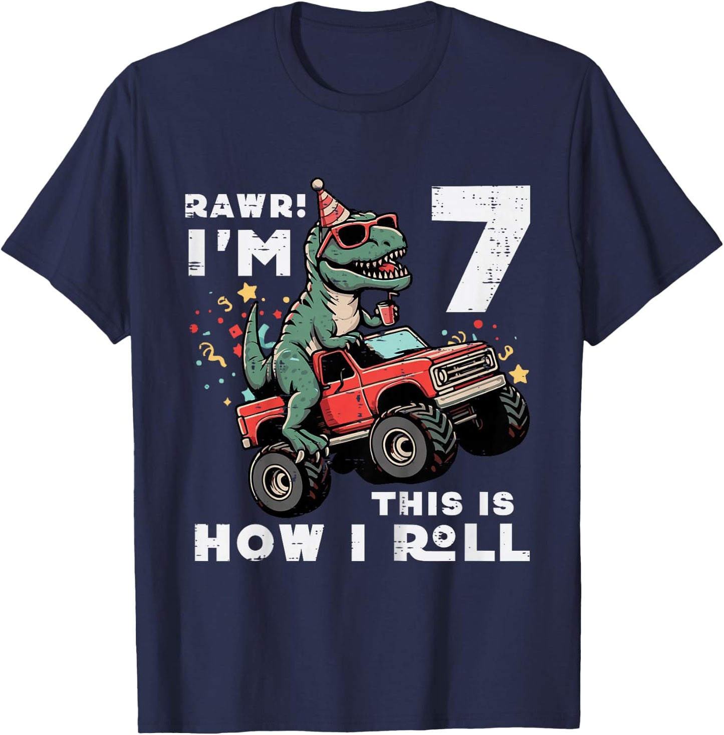 Kids Rawr Im 7 Dino This How I Roll 7th Birthday Trex Bday Boys T-Shirt - T-Shirt | Navy