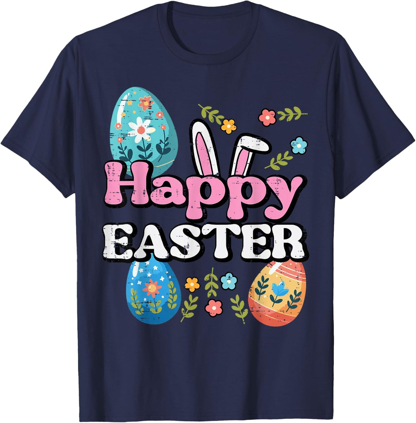 Happy Easter Bunny Ears Eggs Flowers Spring Women Kids Men T-Shirt - T-Shirt | Navy