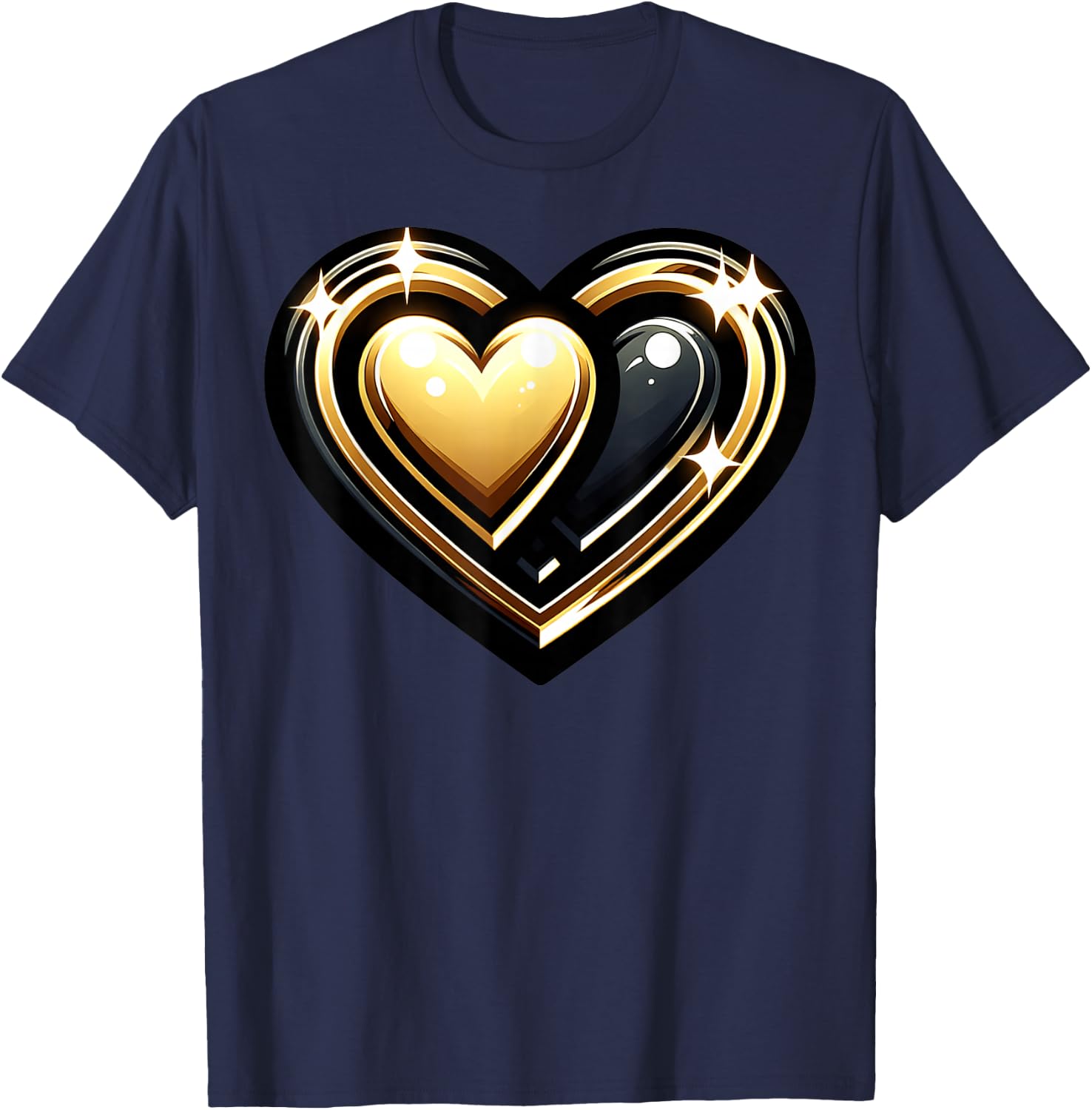 Golden And Black Hearts Sparkling Heart Design T-Shirt - T-Shirt | Navy