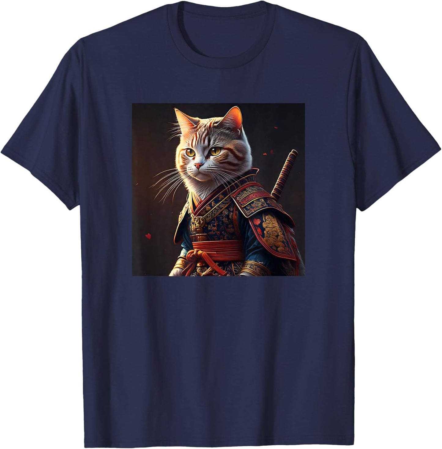 Kawaii Samurai Cat Portrait - Vintage Japanese Art Anime Cat T-Shirt - T-Shirt | Navy
