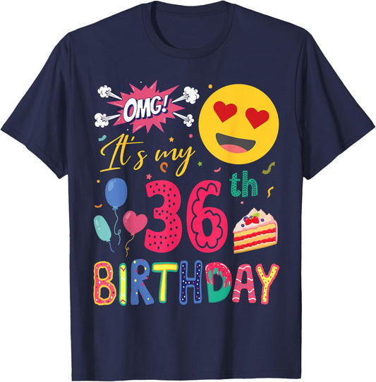 Lovely Emotion Face Balloons Cake OMG It's My 36th Birthday T-Shirt - T-Shirt | Navy
