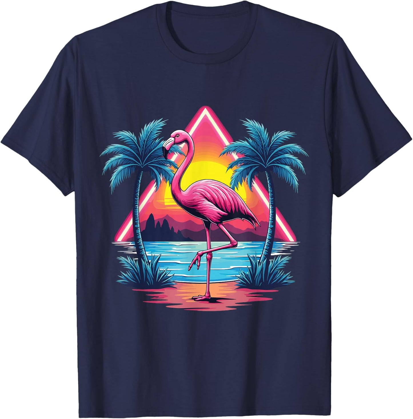 Flamingo Summer Vibes Retro Beach Palm Tree Sunset Flamingo T-Shirt - T-Shirt | Navy