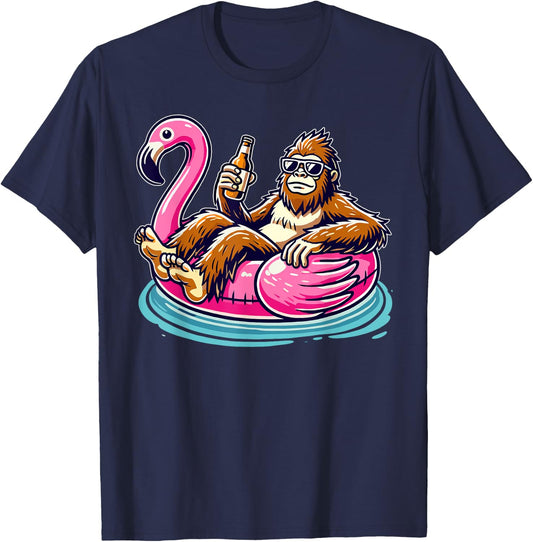 Bigfoot Chilling on Flamingo Float with Beer Fun Summer Vibe T-Shirt - T-Shirt | Navy