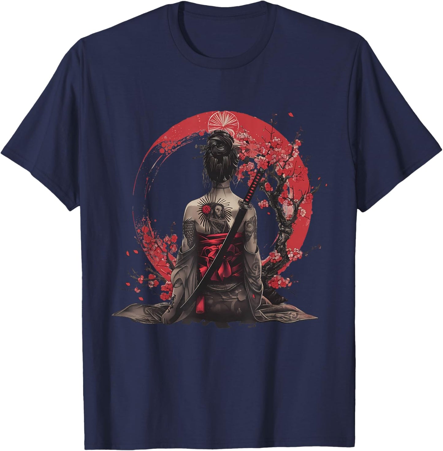 Japanese Samurai Girl Sakura Cherry Blossom Japanese Geisha , black T-Shirt - T-Shirt | Navy