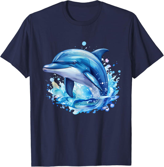 Dolphin Sea Creatures Ocean Watercolor Sea Dolphin , Black, S T-Shirt - T-Shirt | Navy