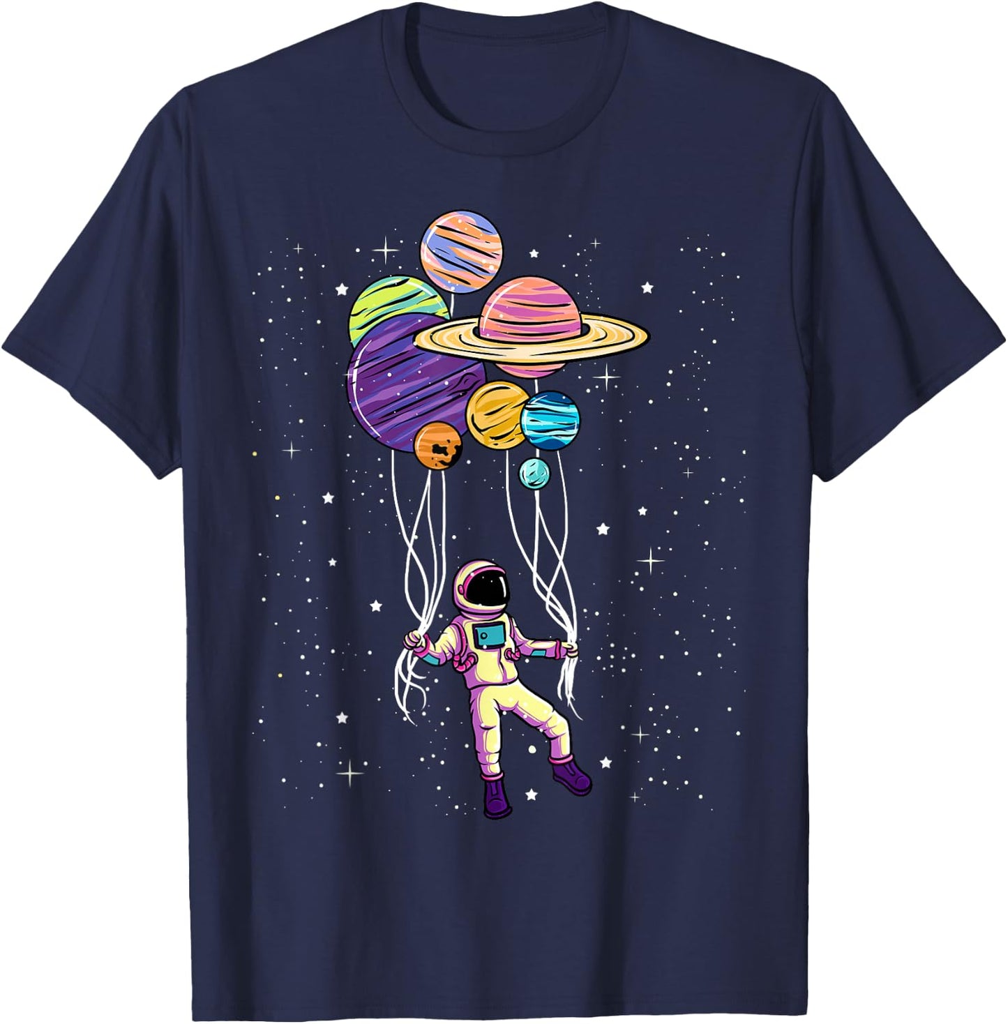 Astronaut Holding Planet Balloons BoysGirls STEM Kids T-Shirt - T-Shirt | Navy