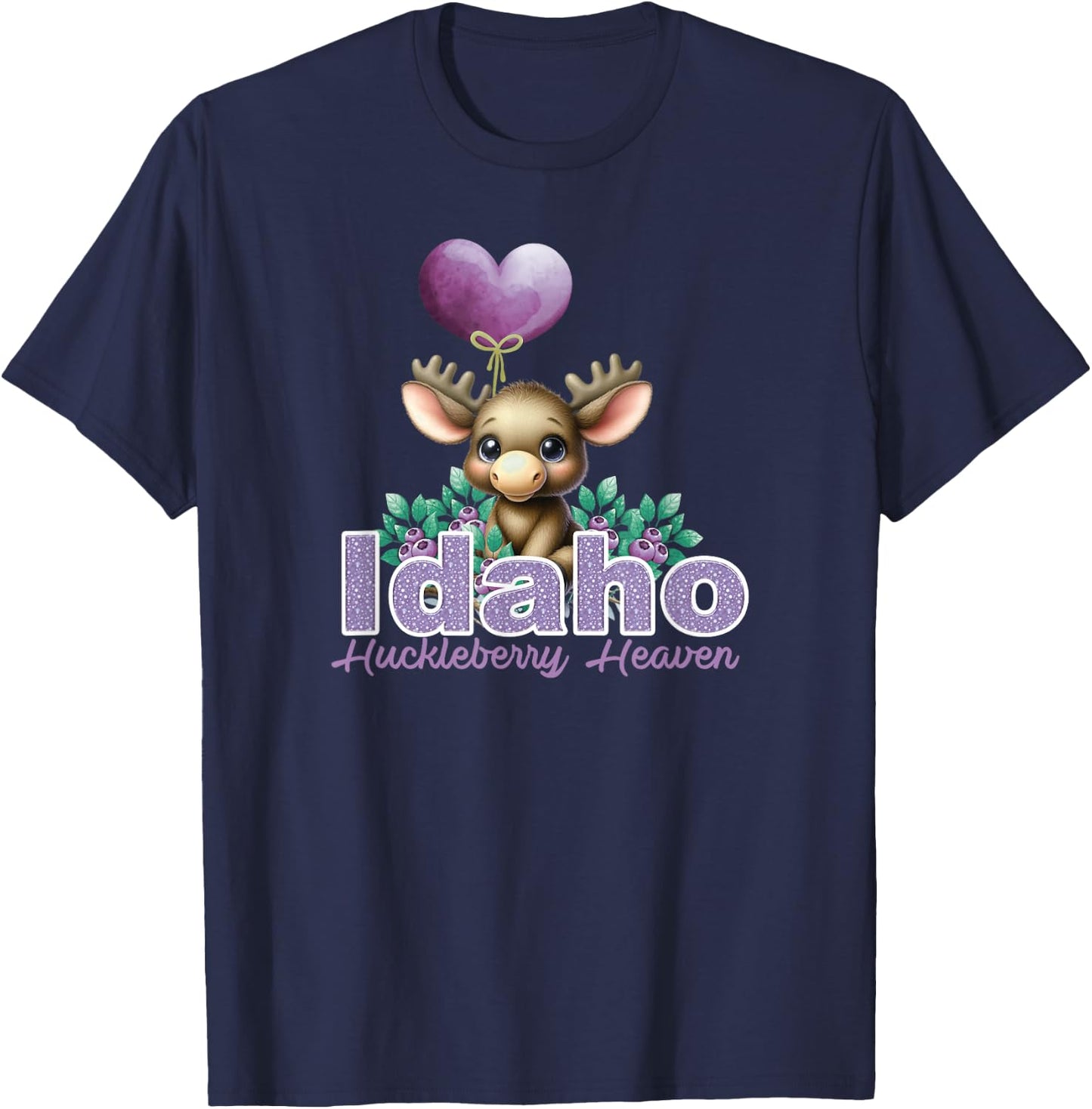 Cute Moose Idaho Huckleberry Heaven Novelty Graphic Souvenir T-Shirt - T-Shirt | Navy
