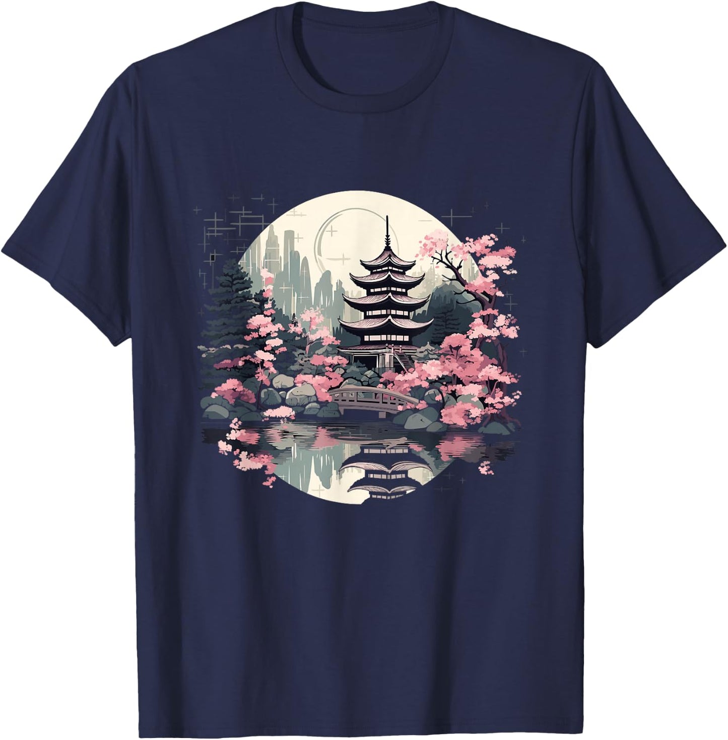 Japanese Landscape with Japanese Cherry Blossoms , black T-Shirt - T-Shirt | Navy