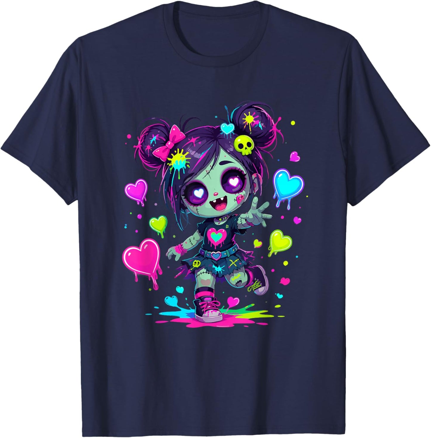 Cute Creepy Kawaii Zombie Girl Pastel Hearts T-Shirt - T-Shirt | Navy