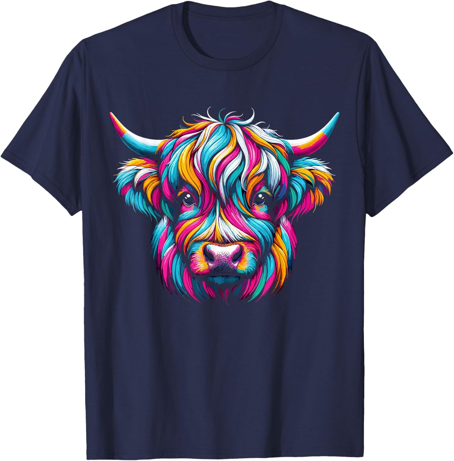 Cute Colorful Highland Cow Lover T-Shirt - T-Shirt | Navy