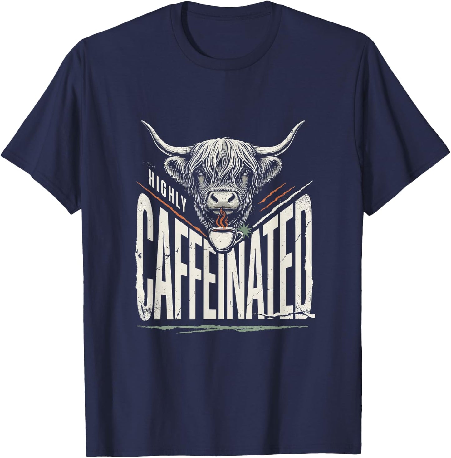 Highly Caffeinated Funny Highland Cow Coffee Western Gift T-Shirt - T-Shirt | Navy