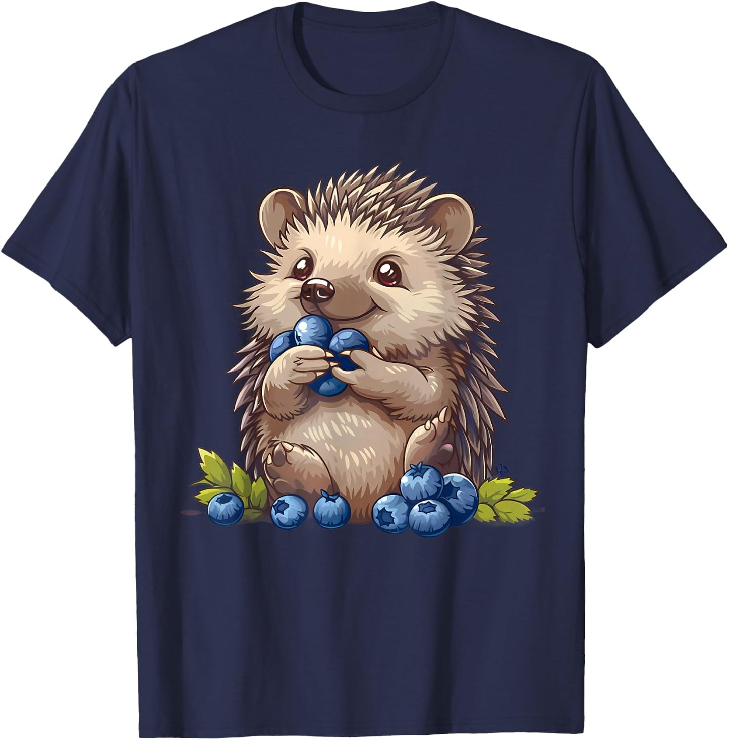 Blueberry Cute Hedgehog Drawing Watercolor Hedgehog Pattern , Black, S T-Shirt - T-Shirt | Navy