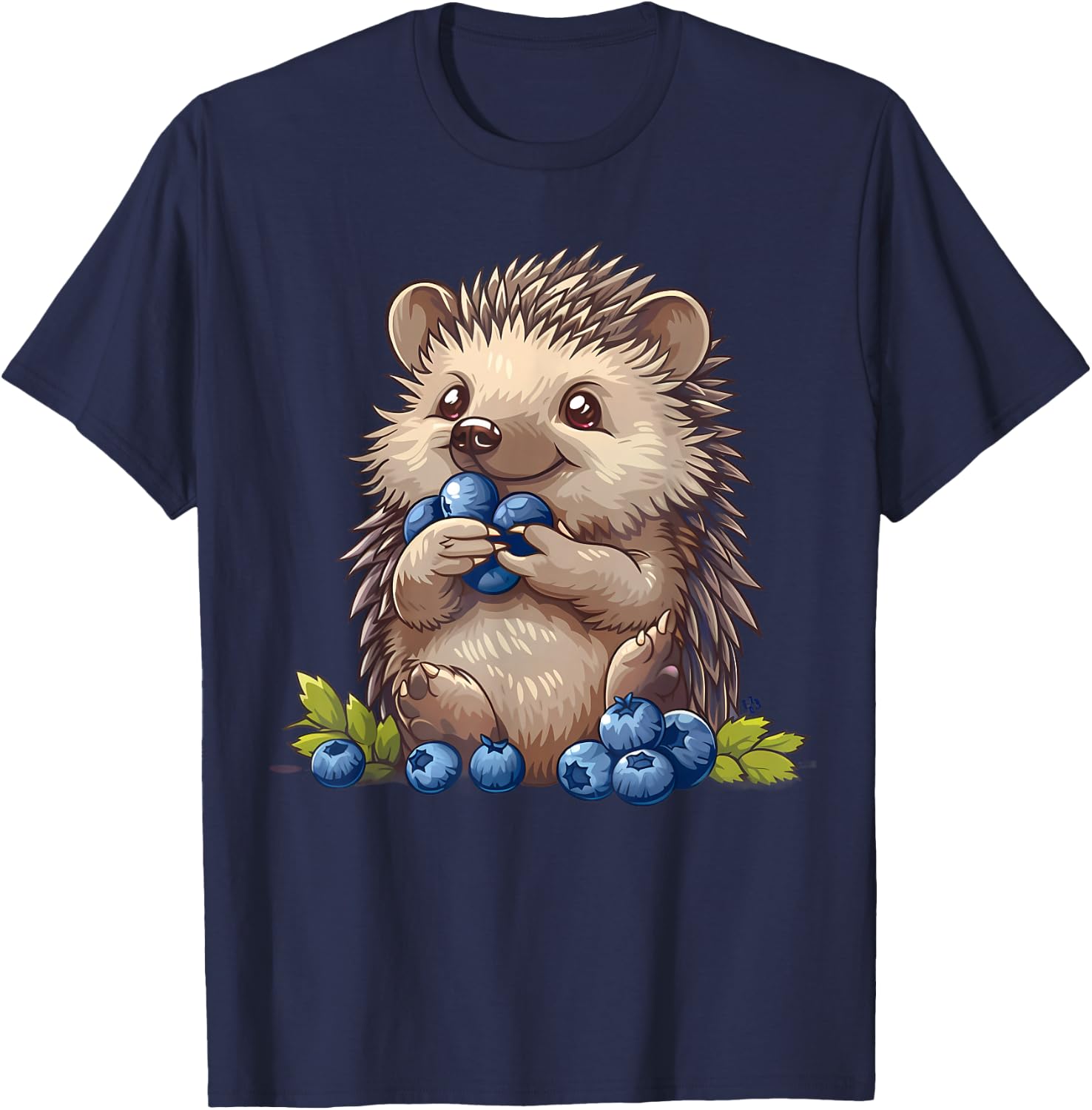 Blueberry Cute Hedgehog Drawing Watercolor Hedgehog Pattern , Black, S T-Shirt - T-Shirt | Navy