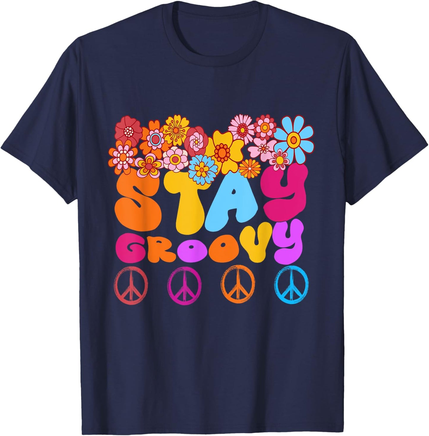 Retro 60s 70s Peace Stay Groovy Sunflowers Positive Mind T-Shirt - T-Shirt | Navy