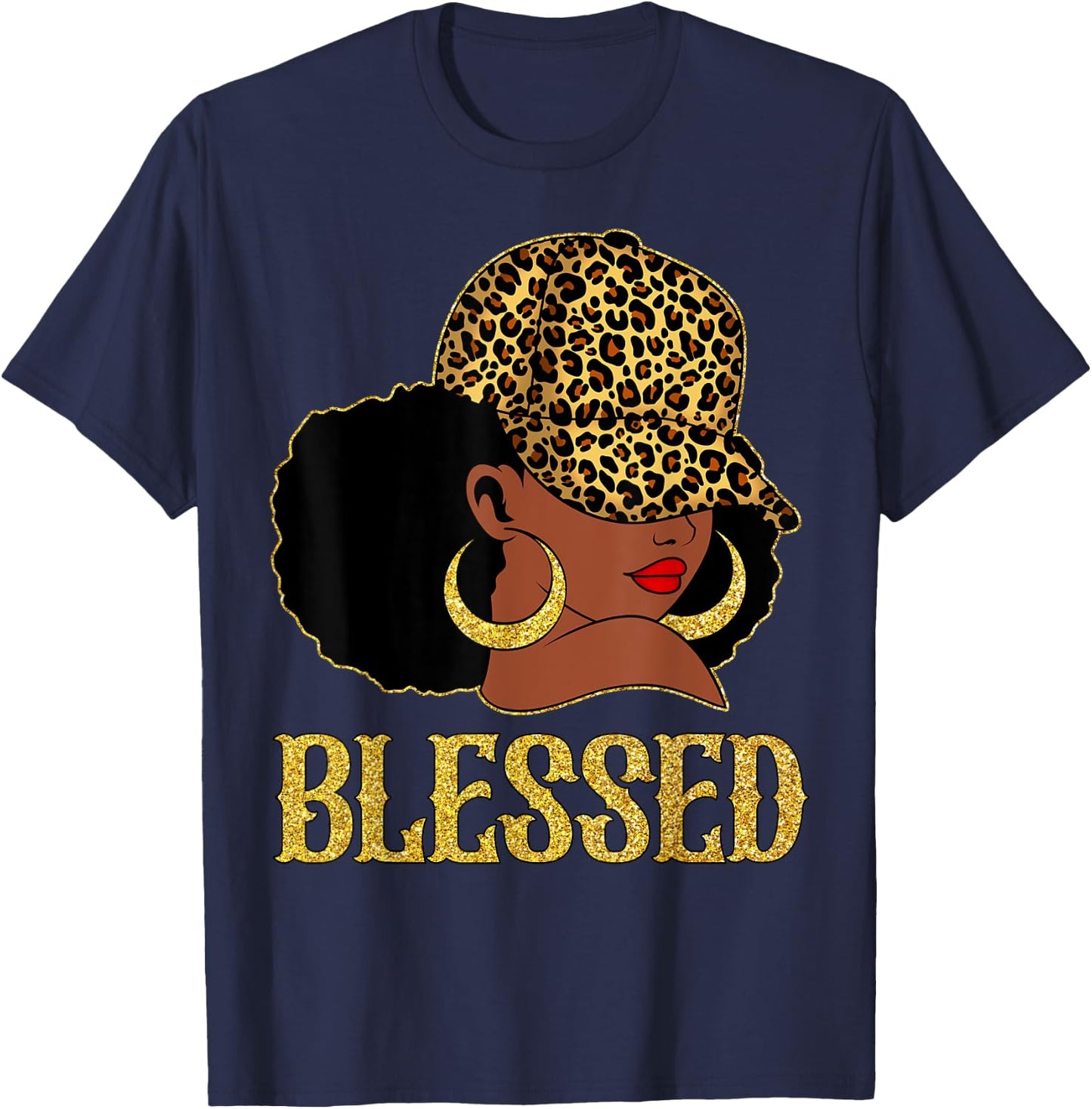 Blessed Black Women With Leopard Hat Christian Matching T-Shirt - T-Shirt | Navy