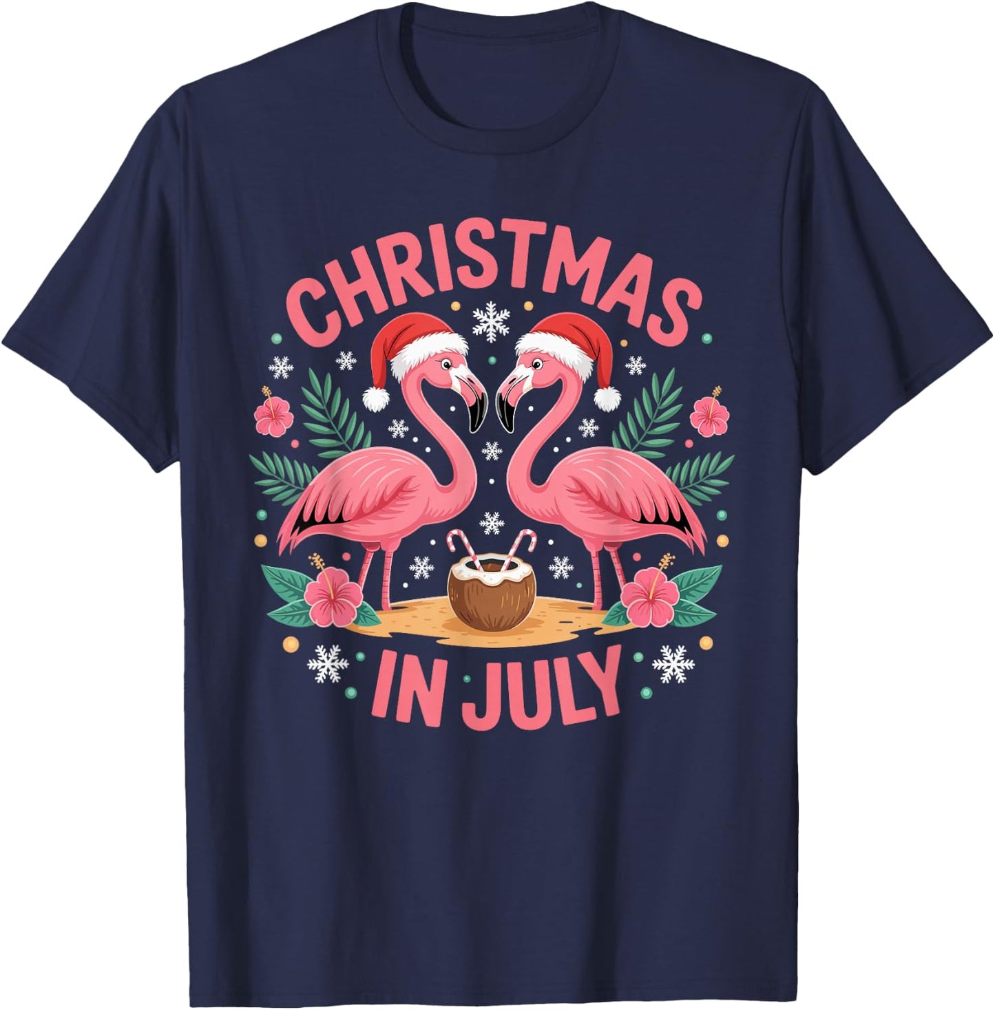 Christmas in July Men Women Flamingo Beach Summer Xmas T-Shirt - T-Shirt | Navy