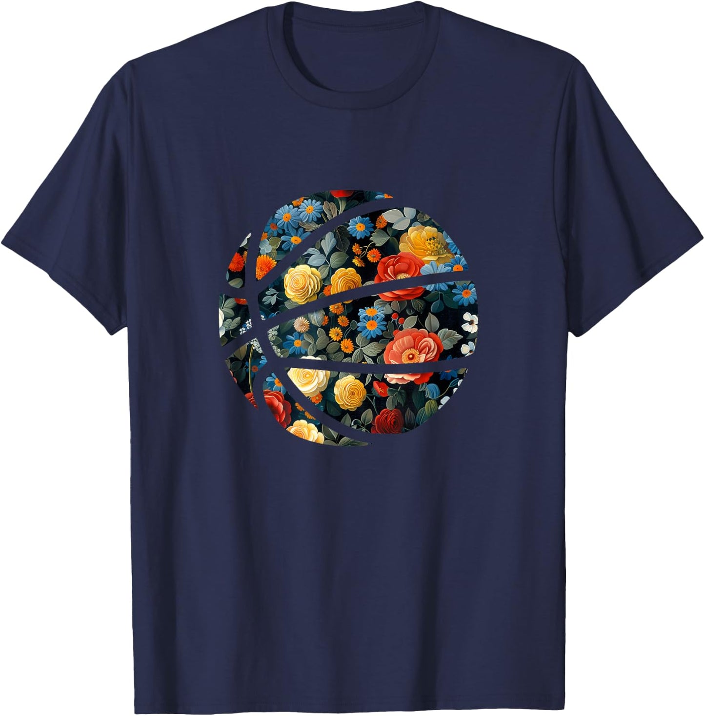 Basketball Silhouette Flowers Botanical Floral T-Shirt - T-Shirt | Navy