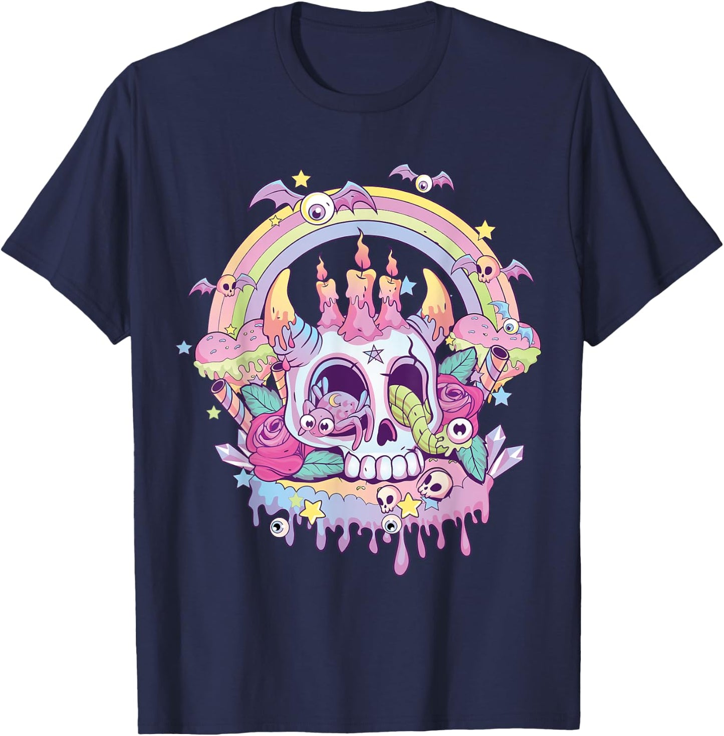 Pastel Goth Cute Creepy Satanic Skull Kawaii Occult Menhera T-Shirt - T-Shirt | Navy