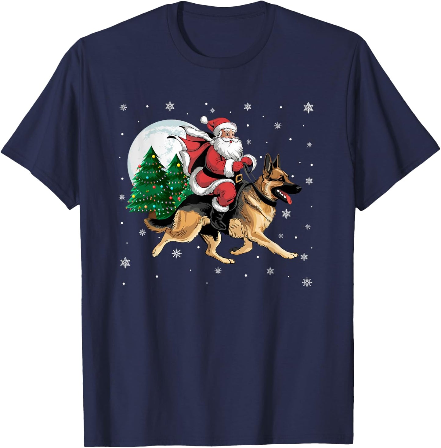 Santa Claus Riding German Shepherd Dog Christmas Tree Lights T-Shirt - T-Shirt | Navy