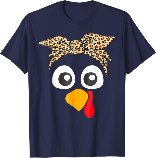 Turkey Face Leopard Headband Thanksgiving Pilgrim T-Shirt - T-Shirt | Navy