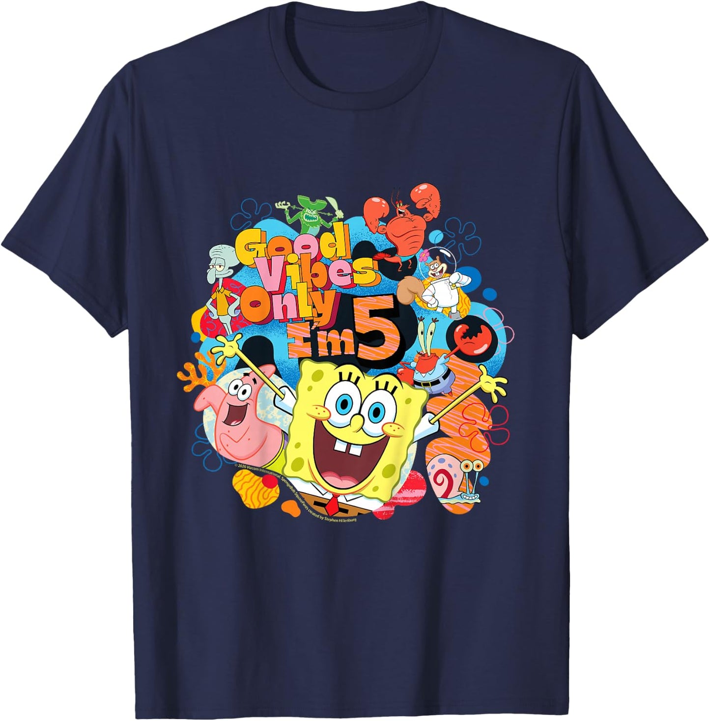 Officiel Spongebob Squarepants Good Vibes I'm 5 Birthday T-Shirt - T-Shirt | Navy