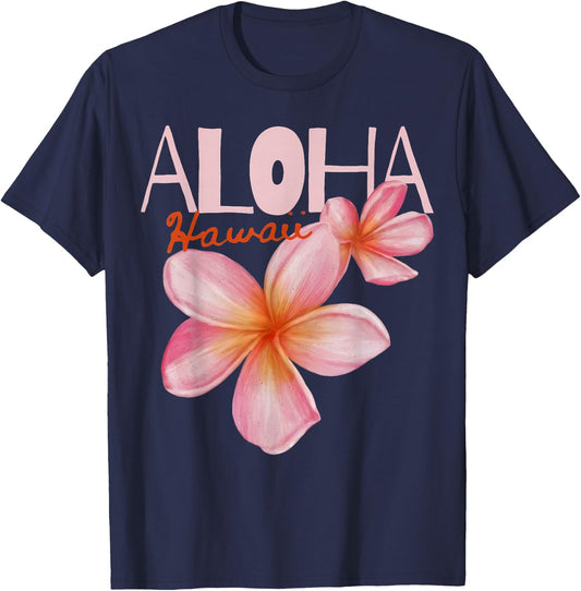 Aloha Hawaii Tropical Islands Plumeria Flower Women T-Shirt - T-Shirt | Navy