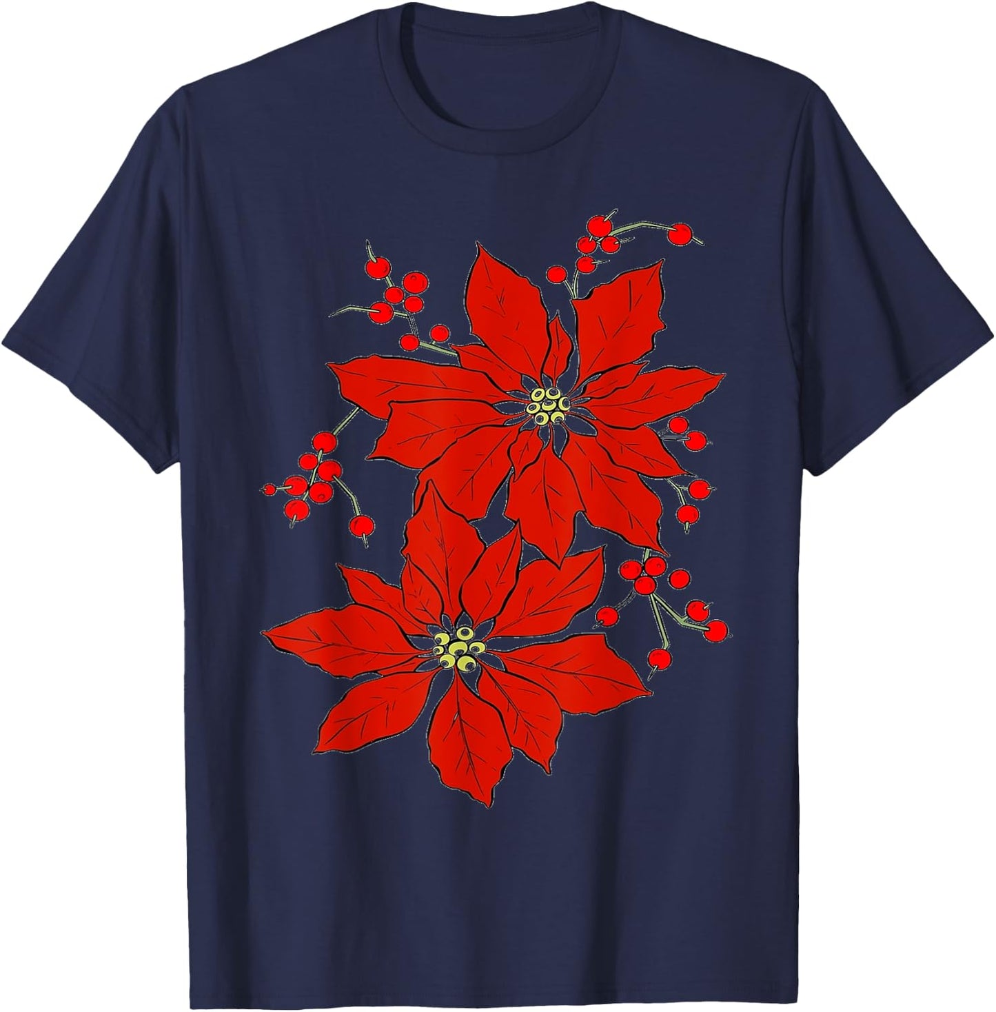 Red Poinsettia Happy Merry Christmas T-Shirt - T-Shirt | Navy