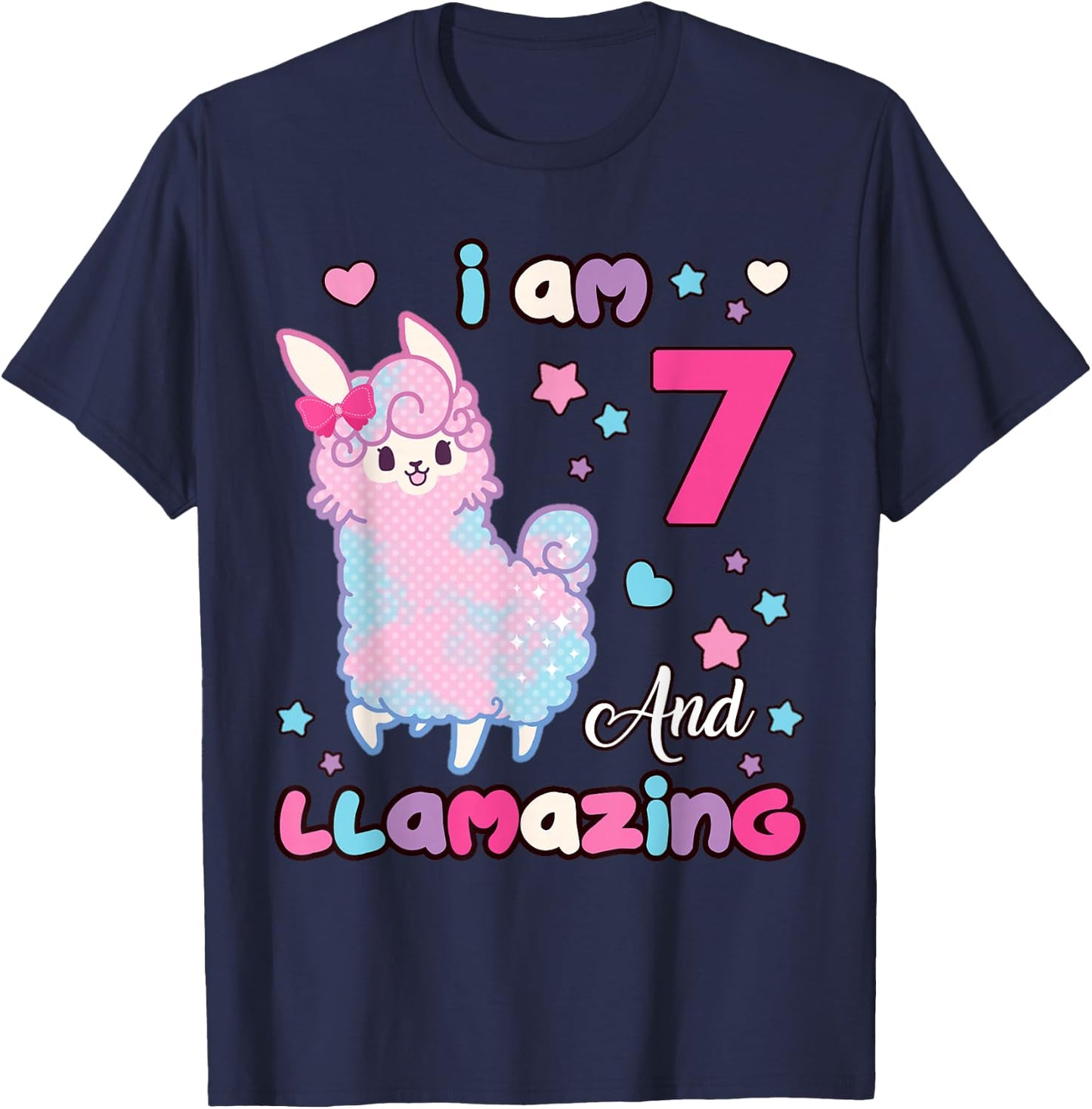 7 Years Old 7th Birthday Girl Llama I Am Seven and Llamazing T-Shirt - T-Shirt | Navy
