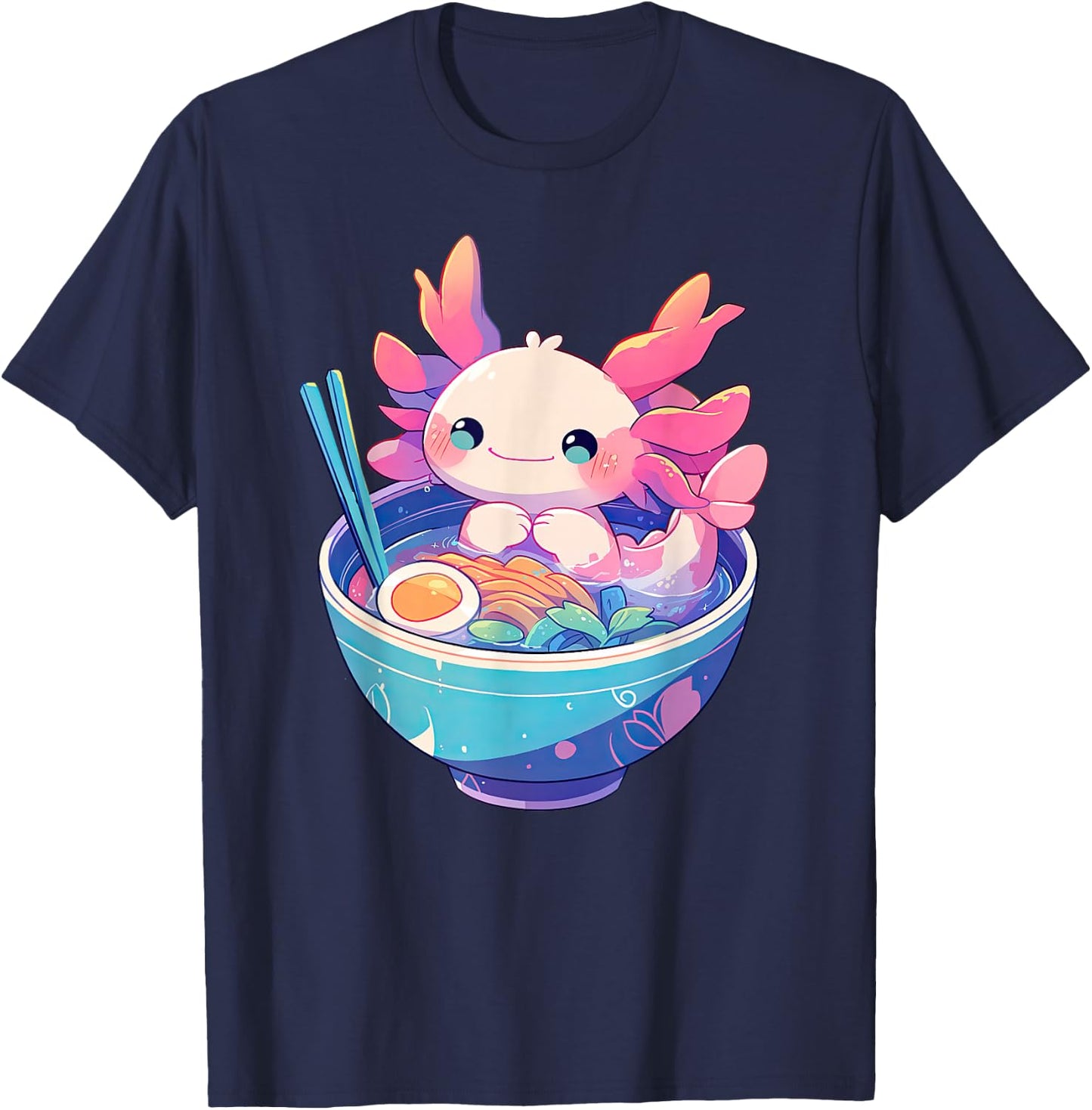 Kawaii Pastel Goth Cute Pink Axolotl in a Bowl of Ramen T-Shirt - T-Shirt | Navy