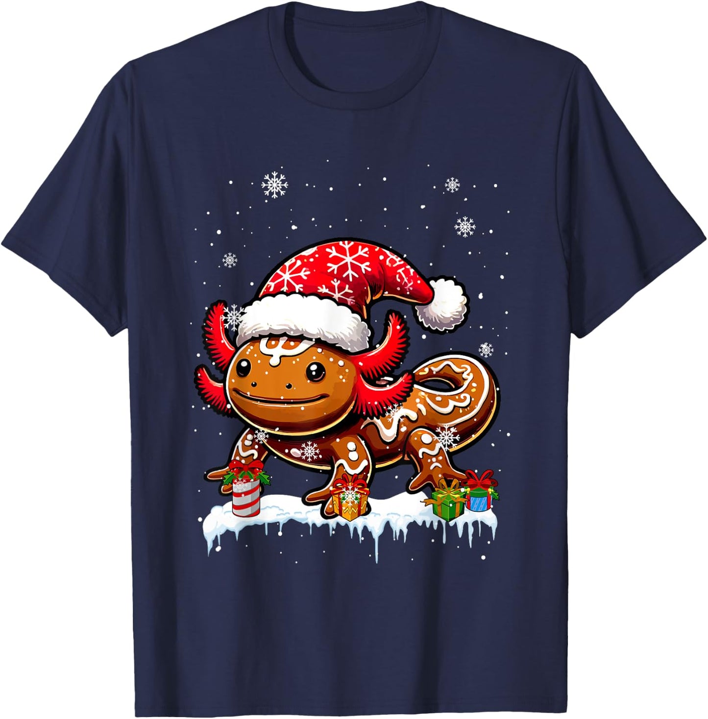 Santa Gingerbread Axolotl Christmas Baking Baker Family Kids T-Shirt - T-Shirt | Navy