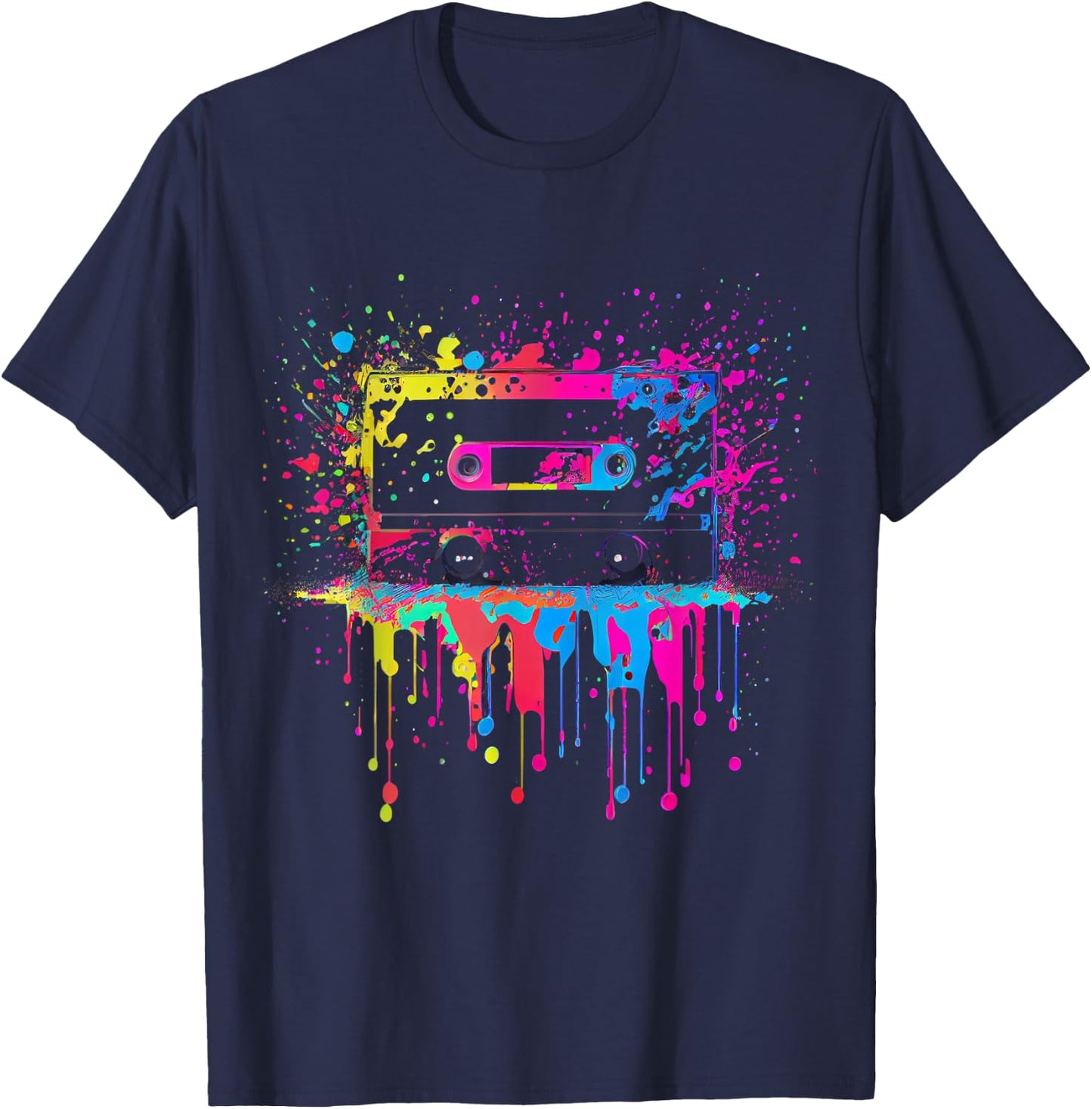 80er 90er Jahre Retro Kassette Outfits & Geschenk Damen -Erwachsene Schwarz Retro Party S EU Small U-Ausschnitt Kurzarm T-Shirt - T-Shirt | Navy