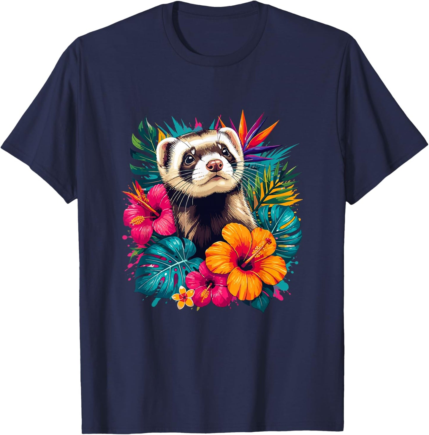 Colorful Ferret in Tropical Hibiscus Flowers Summer T-Shirt - T-Shirt | Navy