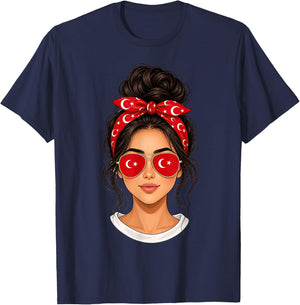 Messy Bun Türkisches Mädchen Türkei Flagge Bandana Sonnenbrille T-Shirt - T-Shirt | Navy