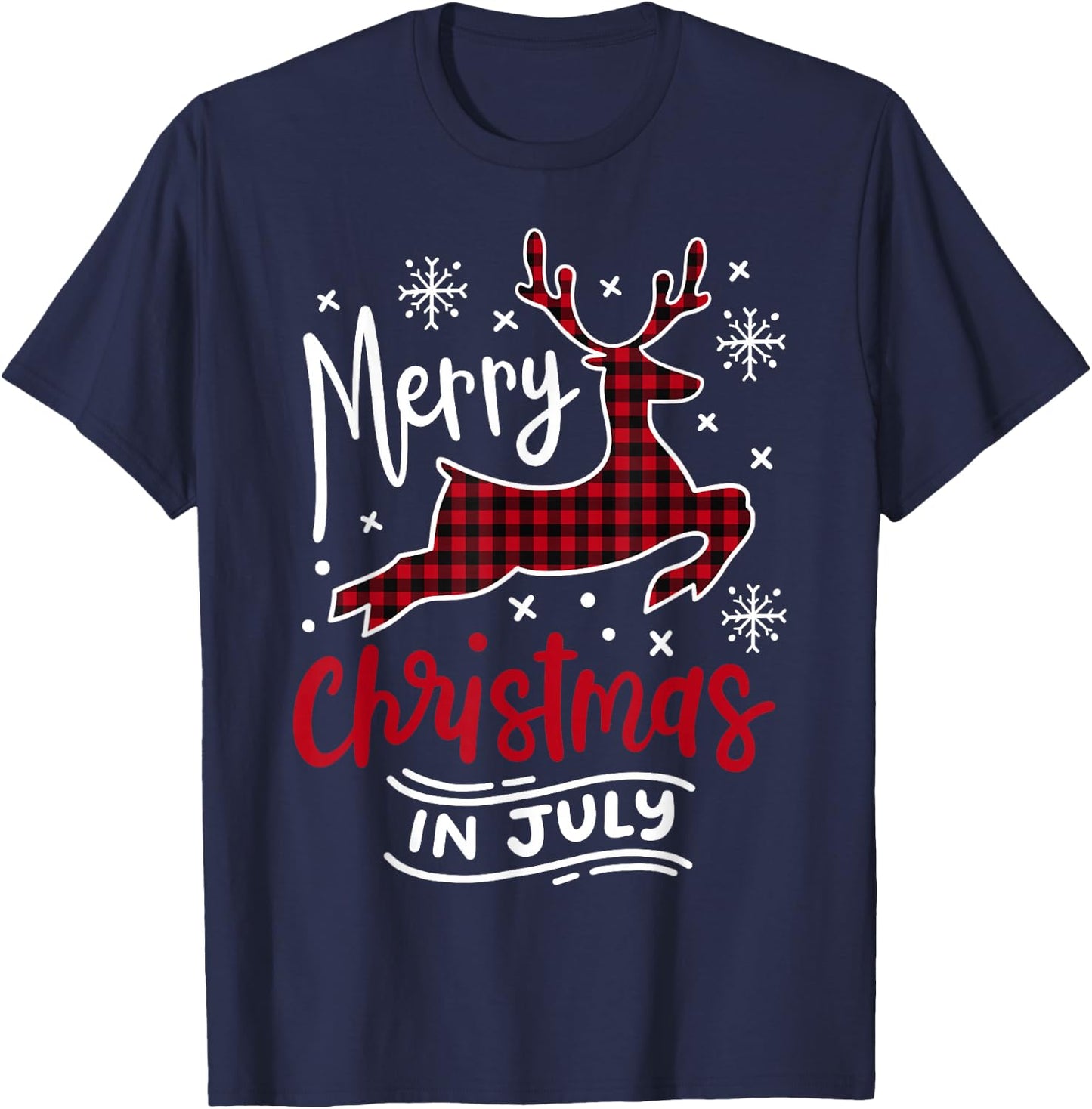 Merry Christmas in July Plaid Red Reindeer & Snowflake T-Shirt - T-Shirt | Navy