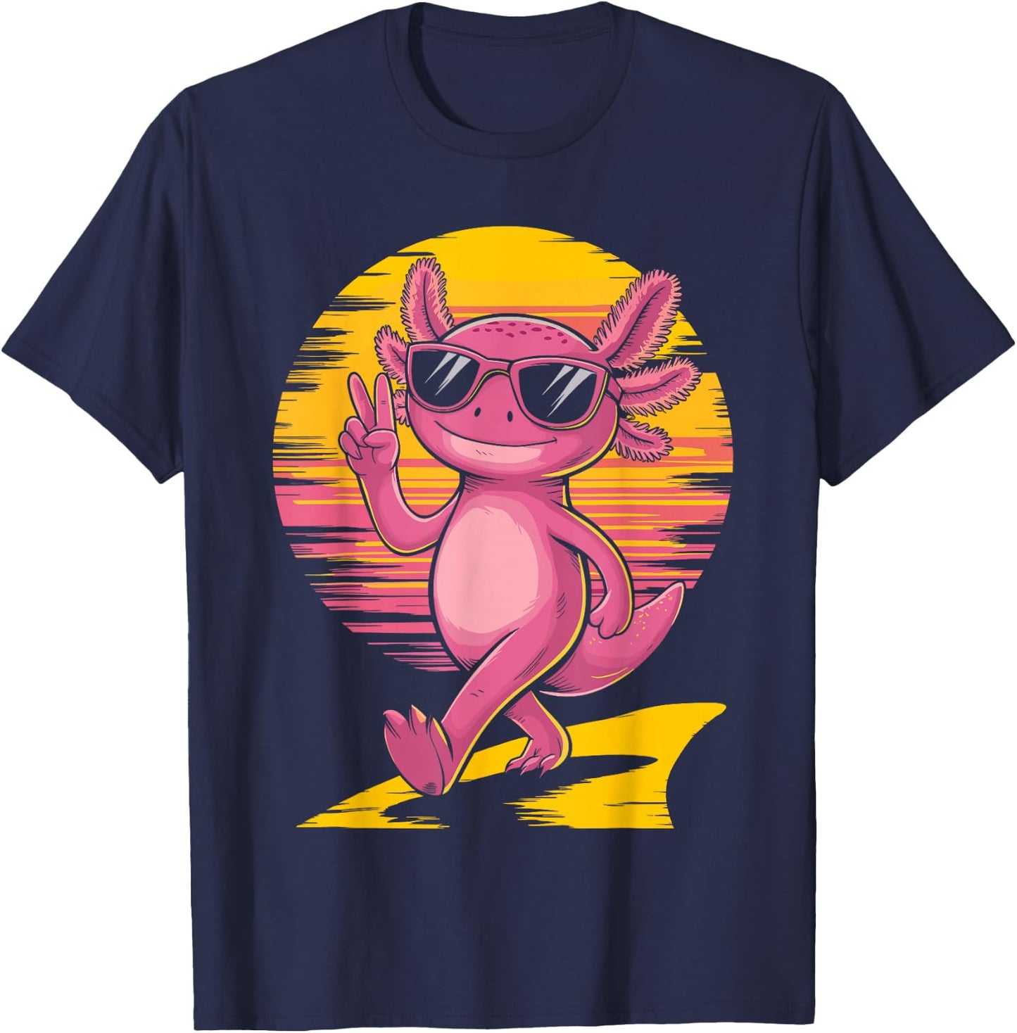 Retro Sunset Cool Axolotl With Sunglasses Peace Sign T-Shirt - T-Shirt | Navy