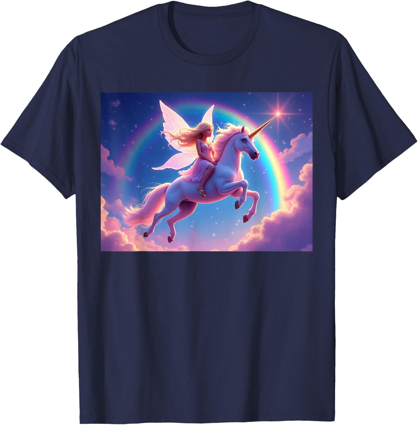 Fairy Riding a Unicorn With Rainbow and Stars Background T-Shirt - T-Shirt | Navy